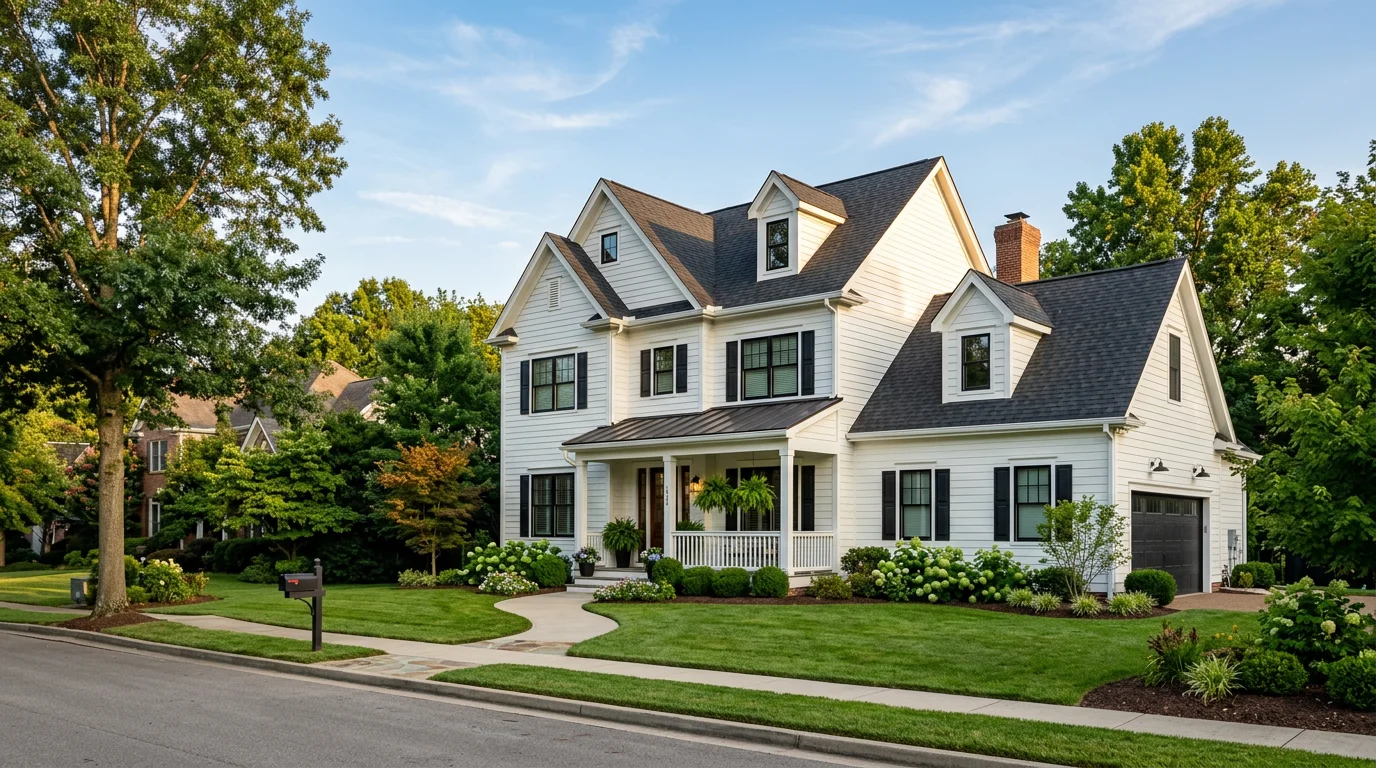 Illustrative Kentucky home with a charcoal roof, white siding, and a welcoming front porch